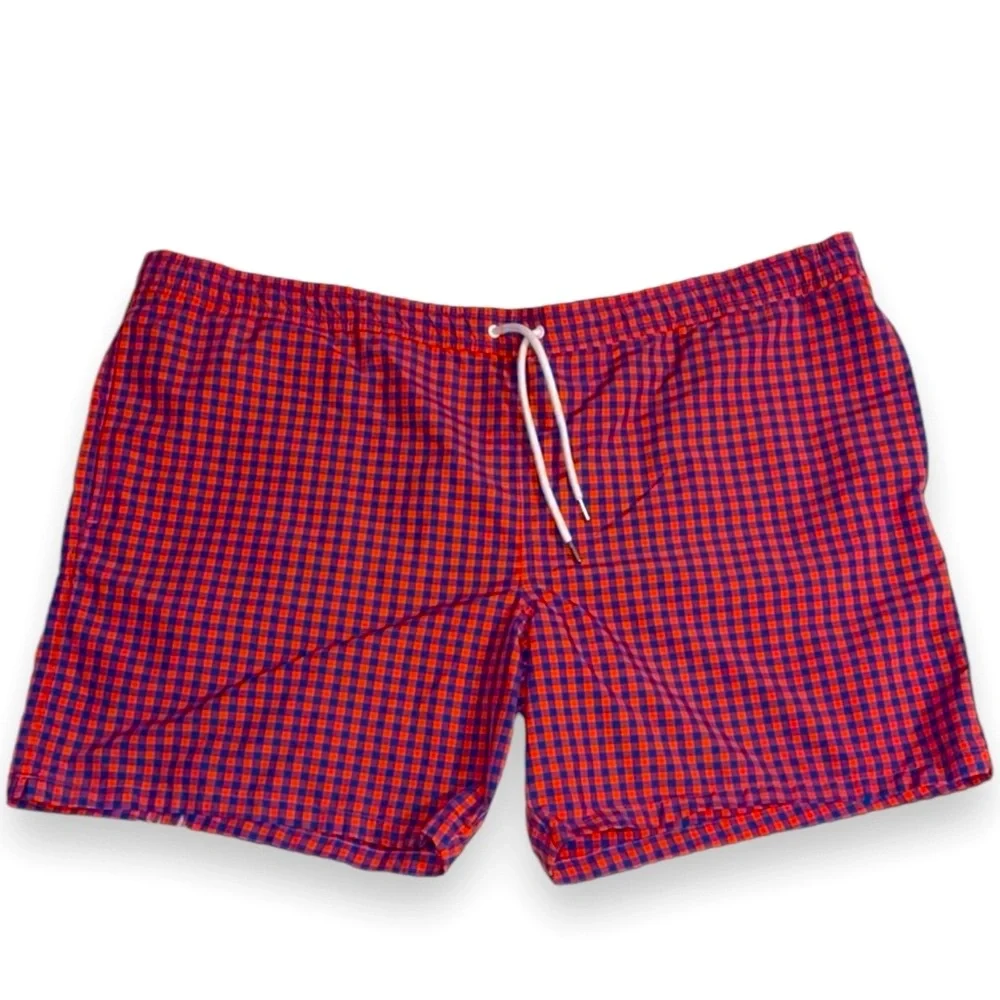 BONOBOS Mens Red & Navy Blue Plaid Check Swim Shorts Trunks